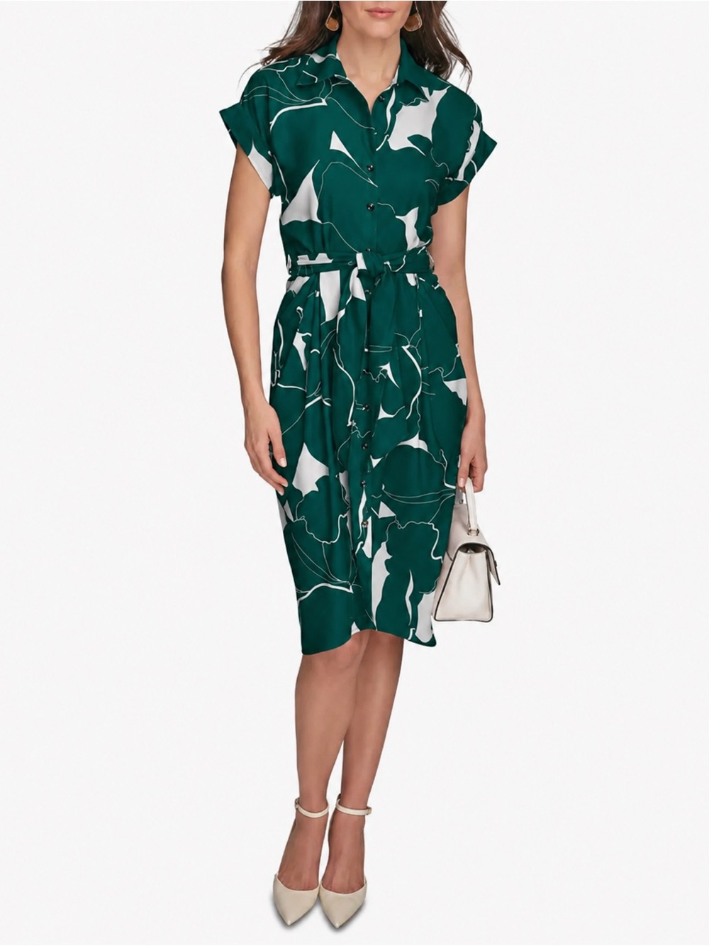 Donna Karan New York Size 12 Green White Floral Belted Shirt Midi Dress